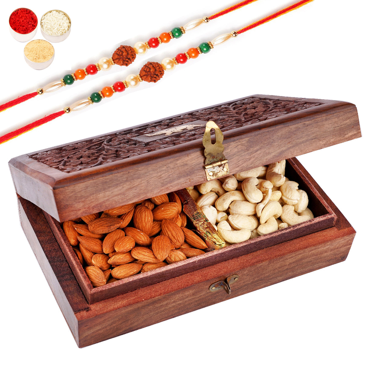 Rakhi Gifts-Wooden Carving Jewellery Box with Mamra Almonds with 2 Rudraksh Rakhis