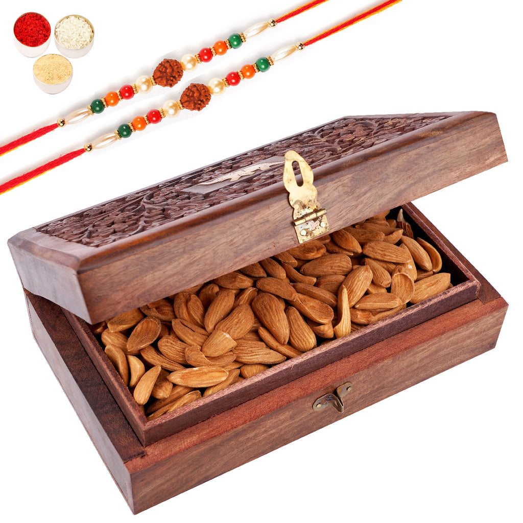 Rakhi Gifts-Wooden Carving Jewellery Box with Mamra Almonds with 2 Rudraksh Rakhis