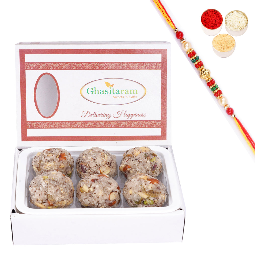 Ding Coconut Laddoo 6 pcs with Beads Rakhi