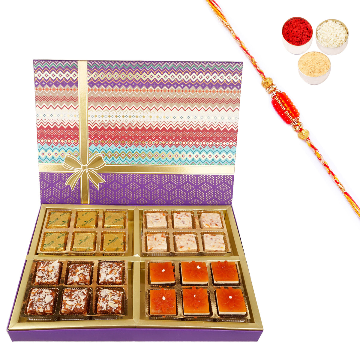 Rakhi Gifts-Fruit n Nut Assorted 24 Bites Box with Beads Rakhi