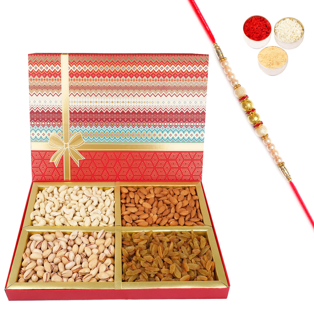 Rakhi Gifts-Fruit n Nut Dryfruit Box 1000 gms with Pearl Rakhi