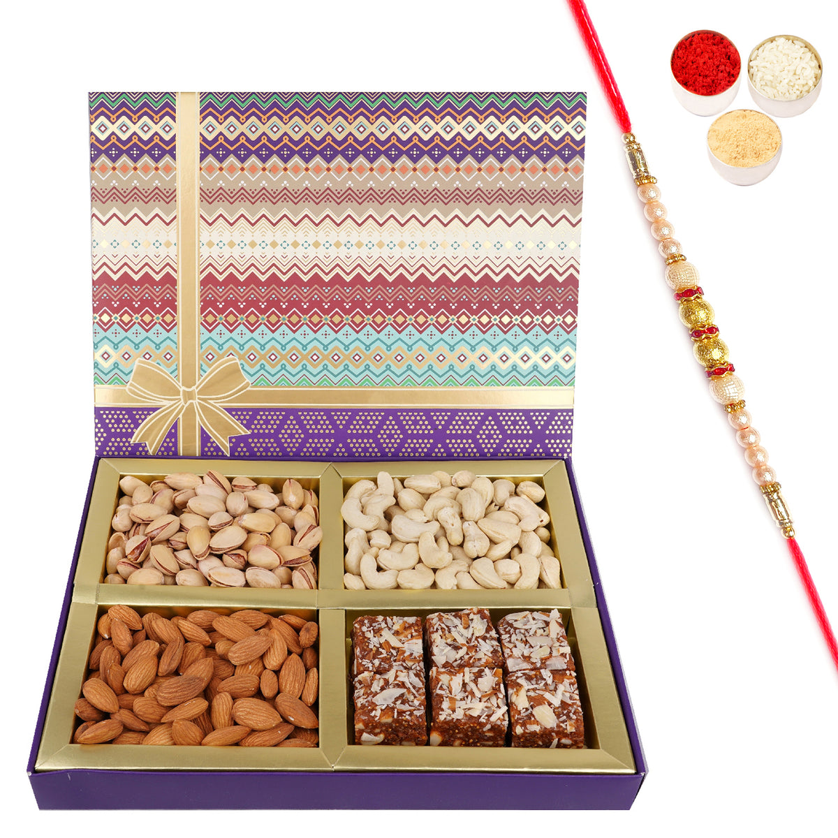 Rakhi Gifts-Fruit n Nut Dryfruit Box with Sugarfree Bites  450 gms with Pearl Rakhi