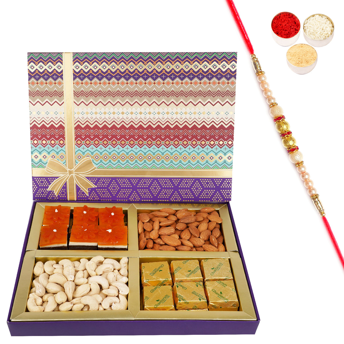Rakhi Gifts-Fruit n Nut Dryfruit Box with Mango and Mewa Bites 500 gms with Pearl Rakhi