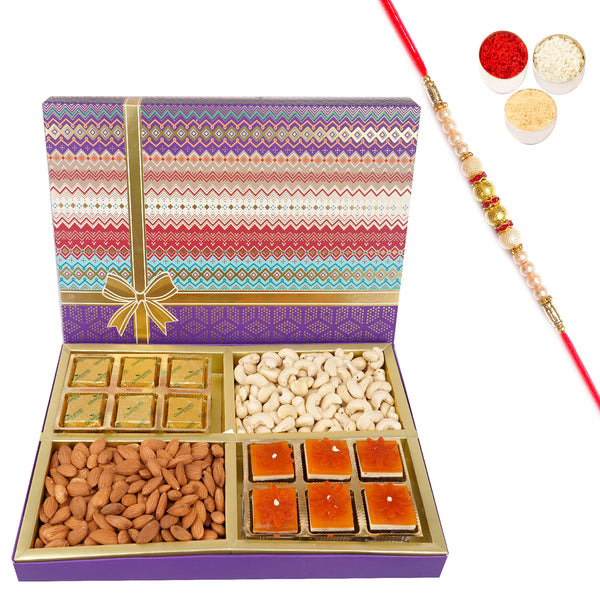 Rakhi Gifts-Fruit n Nut Dryfruit Box with Mango and Mewa Bites 700 gms with Pearl Rakhi
