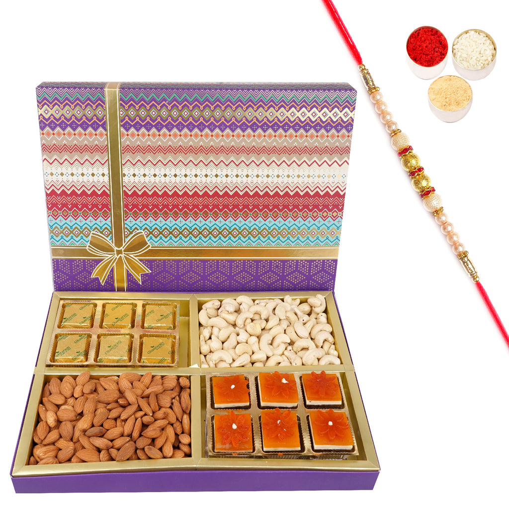 Rakhi Gifts-Fruit n Nut Dryfruit Box with Mango and Mewa Bites 700 gms with Pearl Rakhi