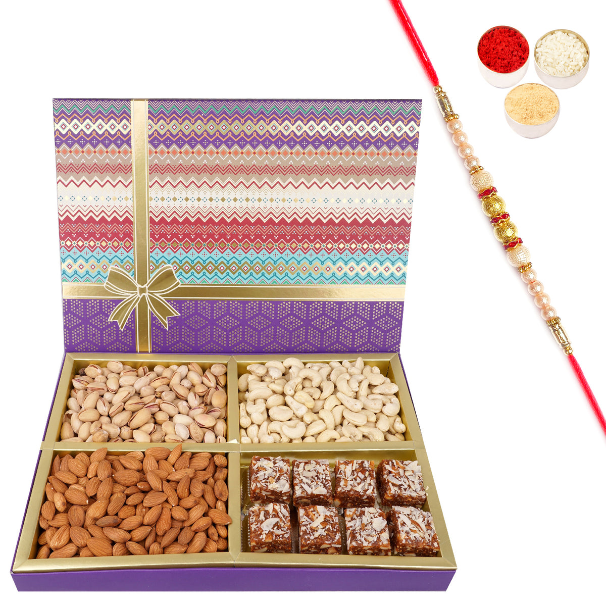 Rakhi Gifts-Fruit n Nut Dryfruit Box with Sugarfree Bites  750 gms with Pearl Rakhi
