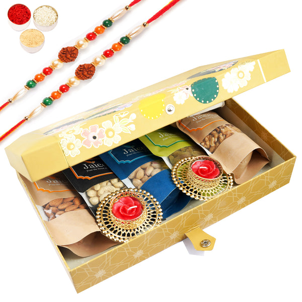 Gold 4 part with  Almonds, Cashews, Pista, Raisins, Walnuts and 2 T-Lites with 2 Rudraksh Rakhis