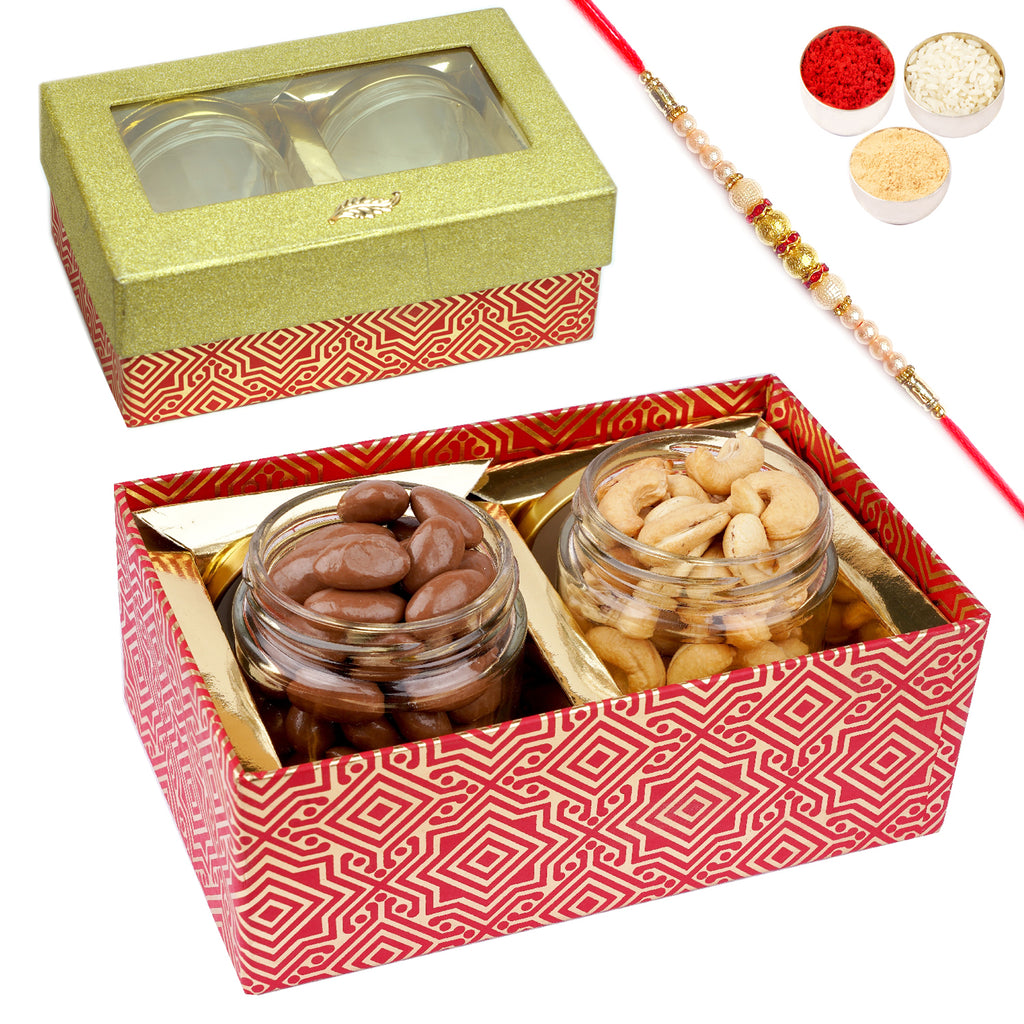 Golden box with 2 Jars of Chocolate Coated Almonds and Roasted Cashews with Pearl Rakhi