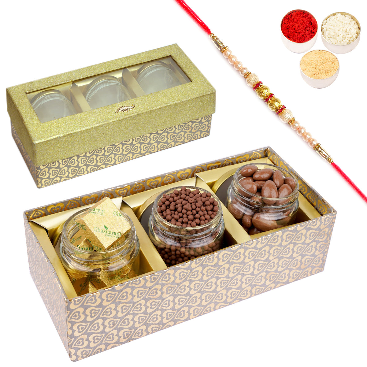 Golden box with 3 Jars of Chocolate Coated Almonds, Rice Crispies and Mewa Bites with Pearl Rakhi