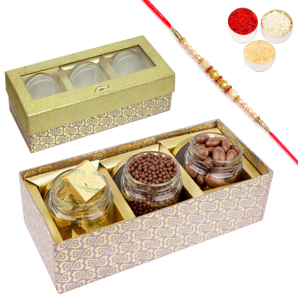 Golden box with 3 Jars of Chocolate Coated Almonds, Rice Crispies and Mewa Bites with Pearl Rakhi