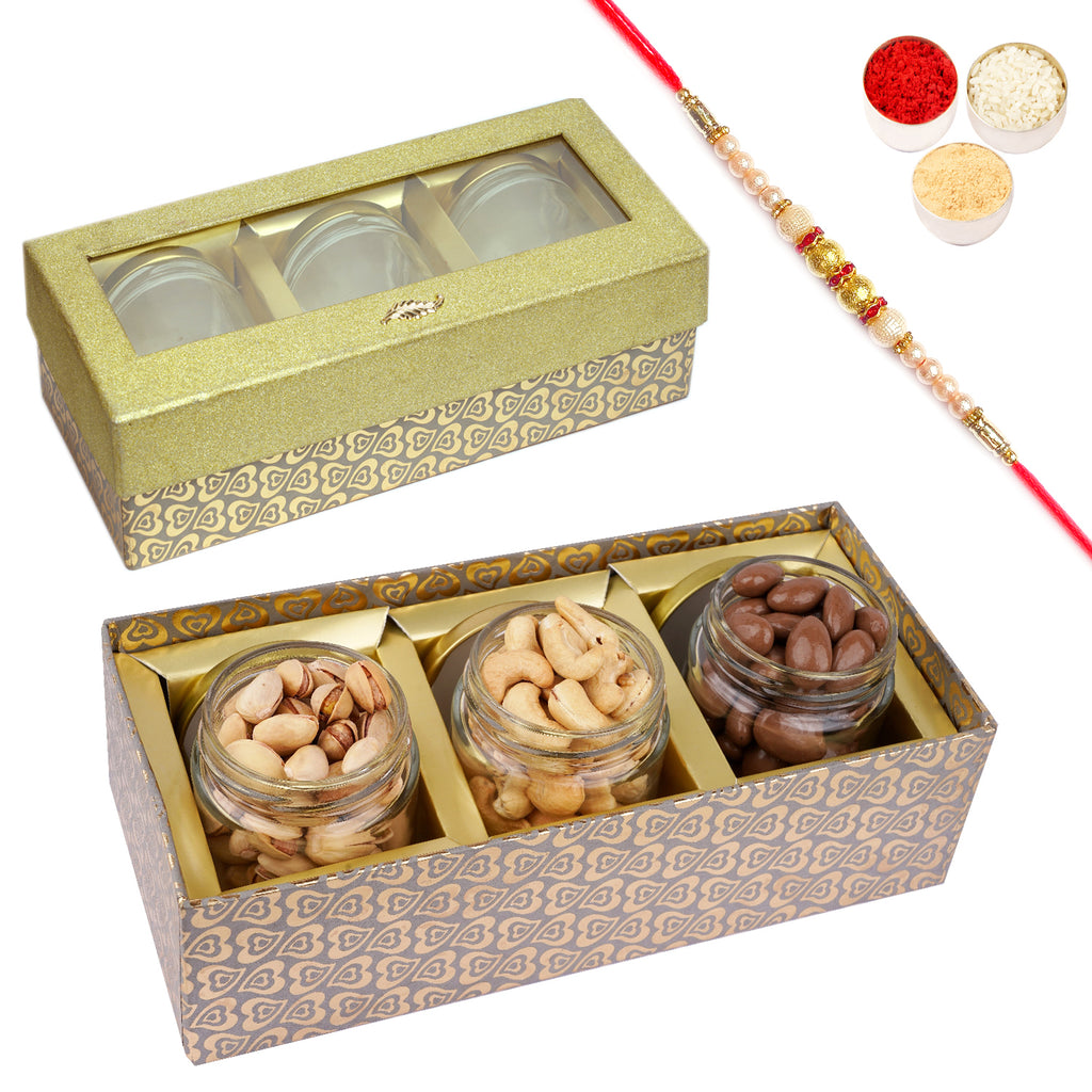 Golden box with 3 Jars of Chocolate Coated Almonds, Roasted Cashews and Pistachios with Pearl Rakhi