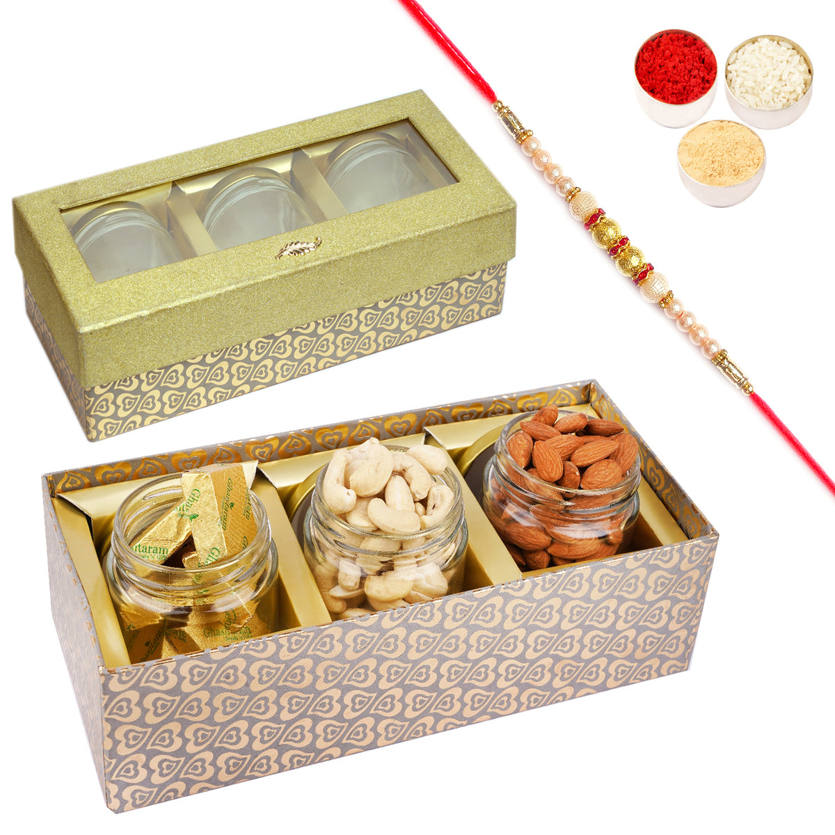 Golden box with 3 Jars of Cashews, Almonds and  Mewa Bites with Pearl Rakhi