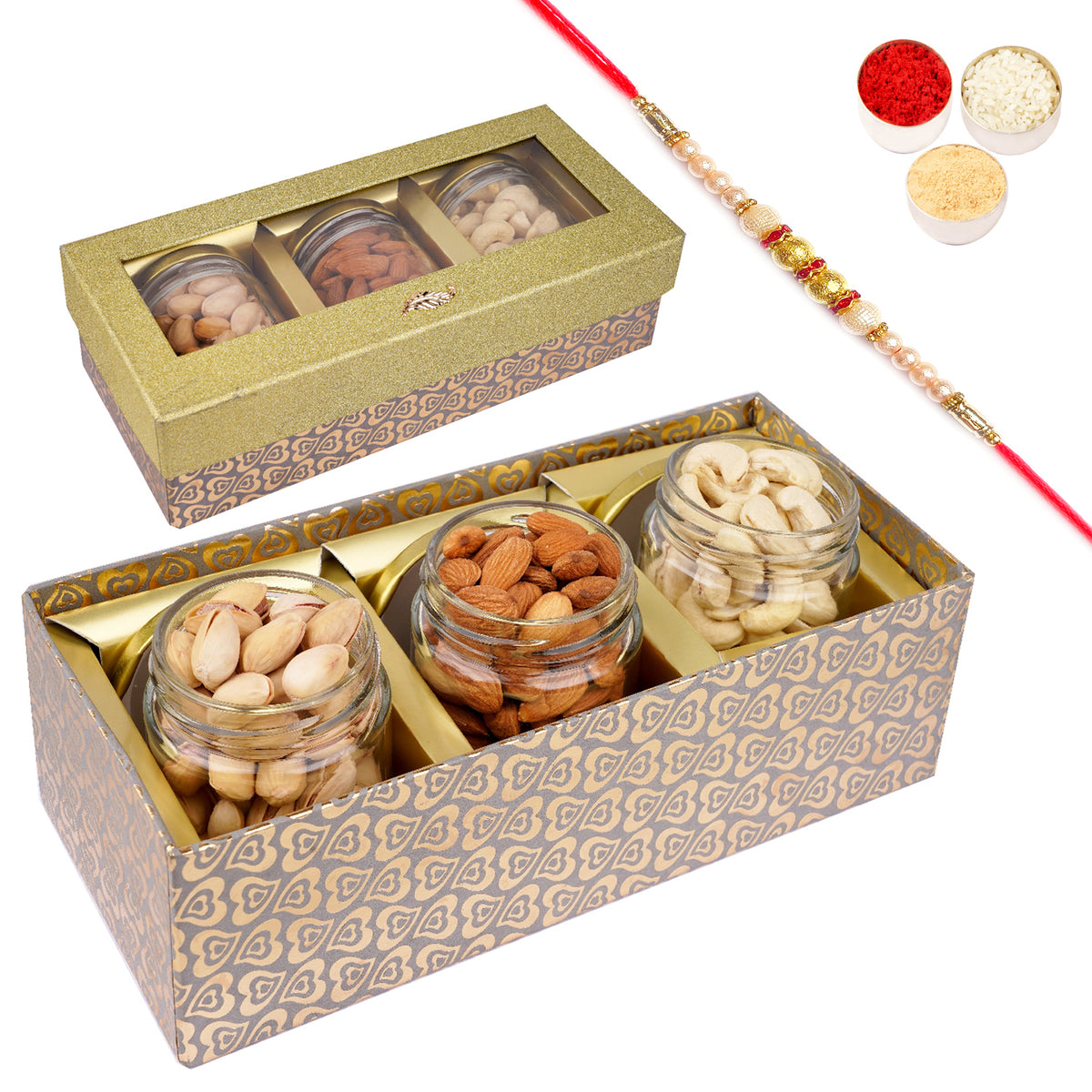 Golden box with 3 Jars of Cashews, Almonds and Pistachios with Pearl Rakhi