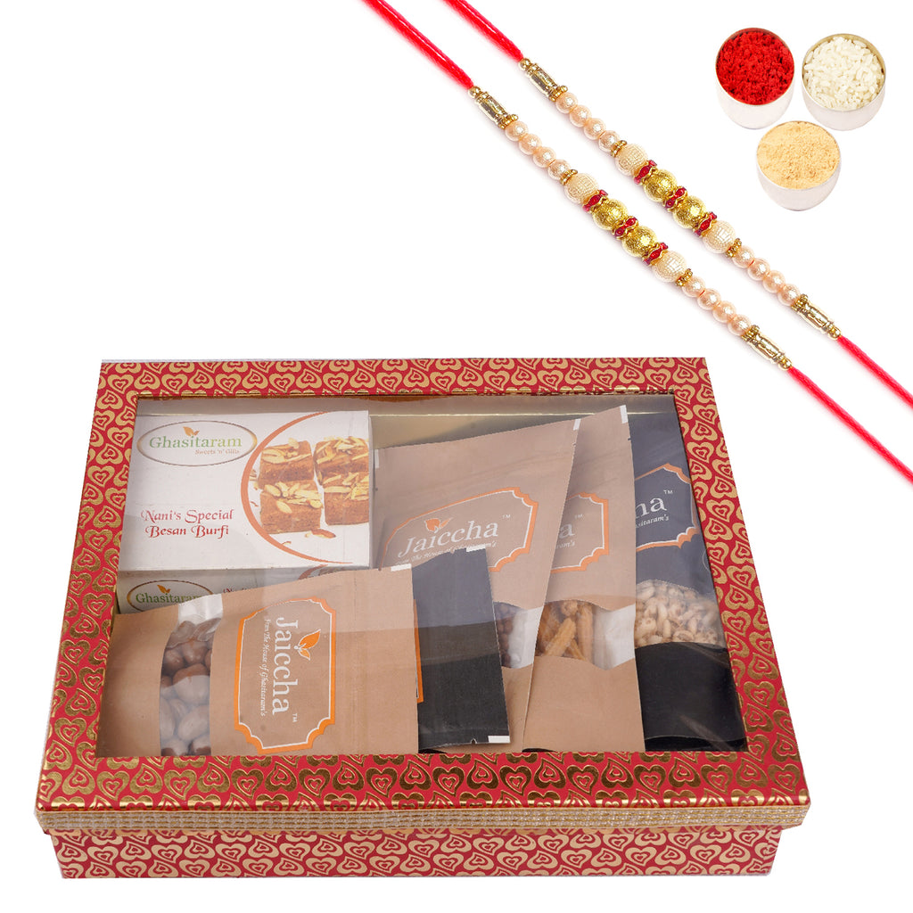 Rakhi Gifts-Hamper Box 6 Goodies with Besan Barfi with 2 Pearl Rakhis