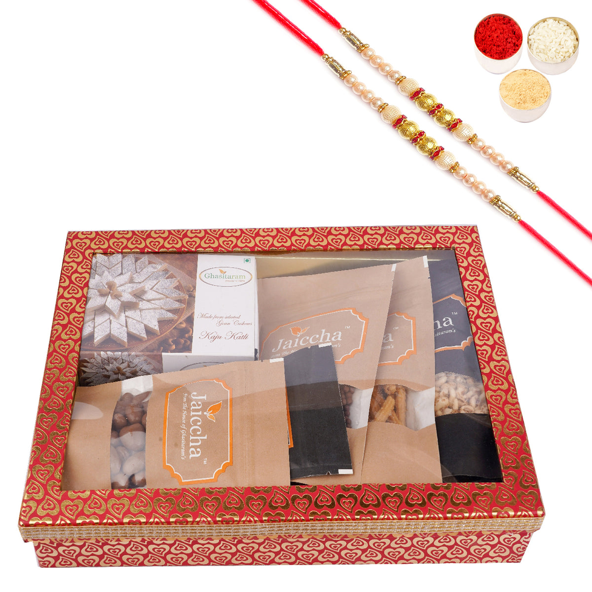 Rakhi Gifts-Hamper Box 6 Goodies with Besan Barfi with 2 Pearl Rakhis
