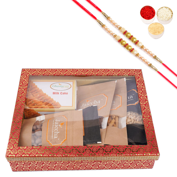 Rakhi Gifts-Hamper Box 6 Goodies with Besan Barfi with 2 Pearl Rakhis