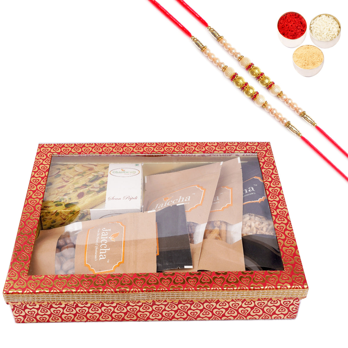 Rakhi Gifts-Hamper Box 6 Goodies with Besan Barfi with 2 Pearl Rakhis