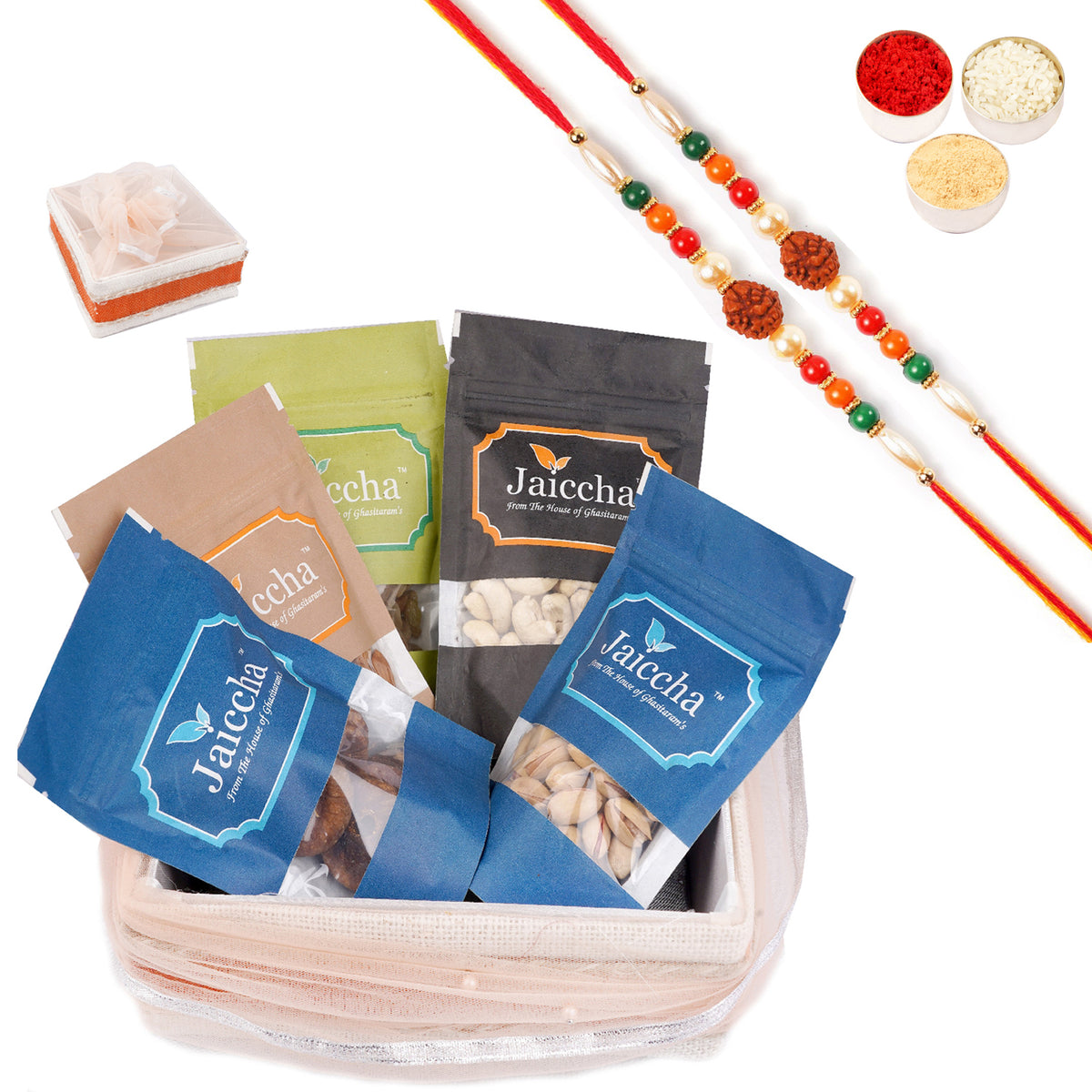 Rakhi Gifts-Shaded Jute Potli with Rice Crispies, Chocolairs, Foxs and Honey Bell with 2 Rudraksh Rakhis