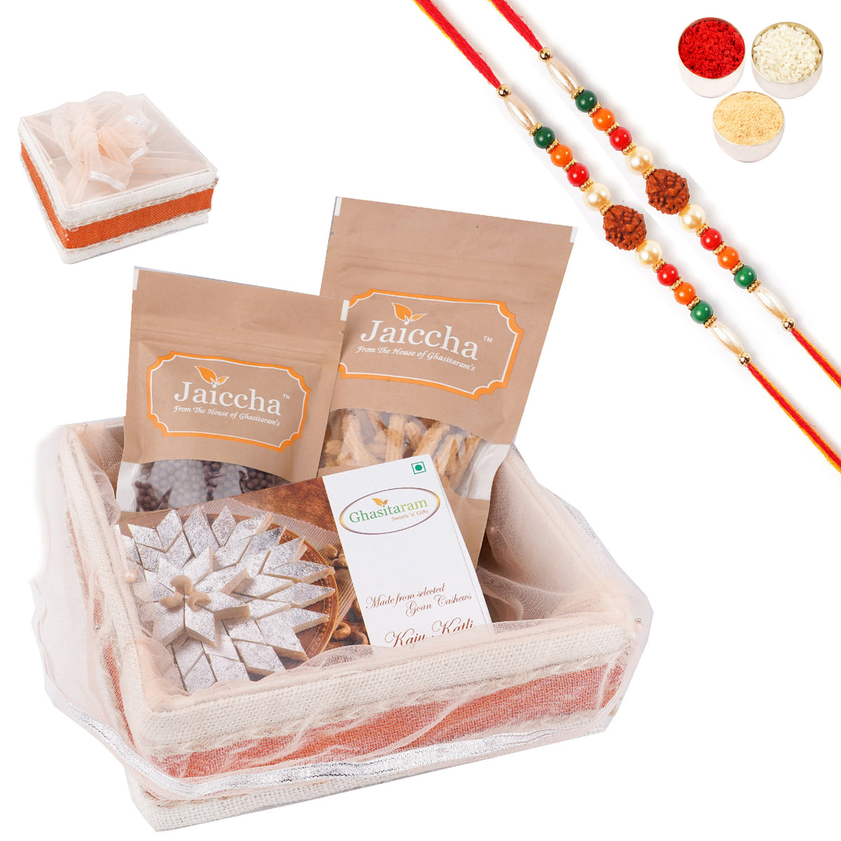 Rakhi Gifts-Shaded Jute Potli with Rice Crispies, Chocolairs, Foxs and Honey Bell with 2 Rudraksh Rakhis