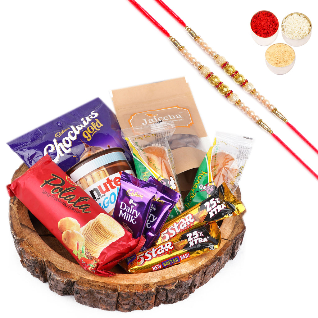 Rakhi Gifts-Log Platter of 13 Goodies with 2 Pearl Rakhis