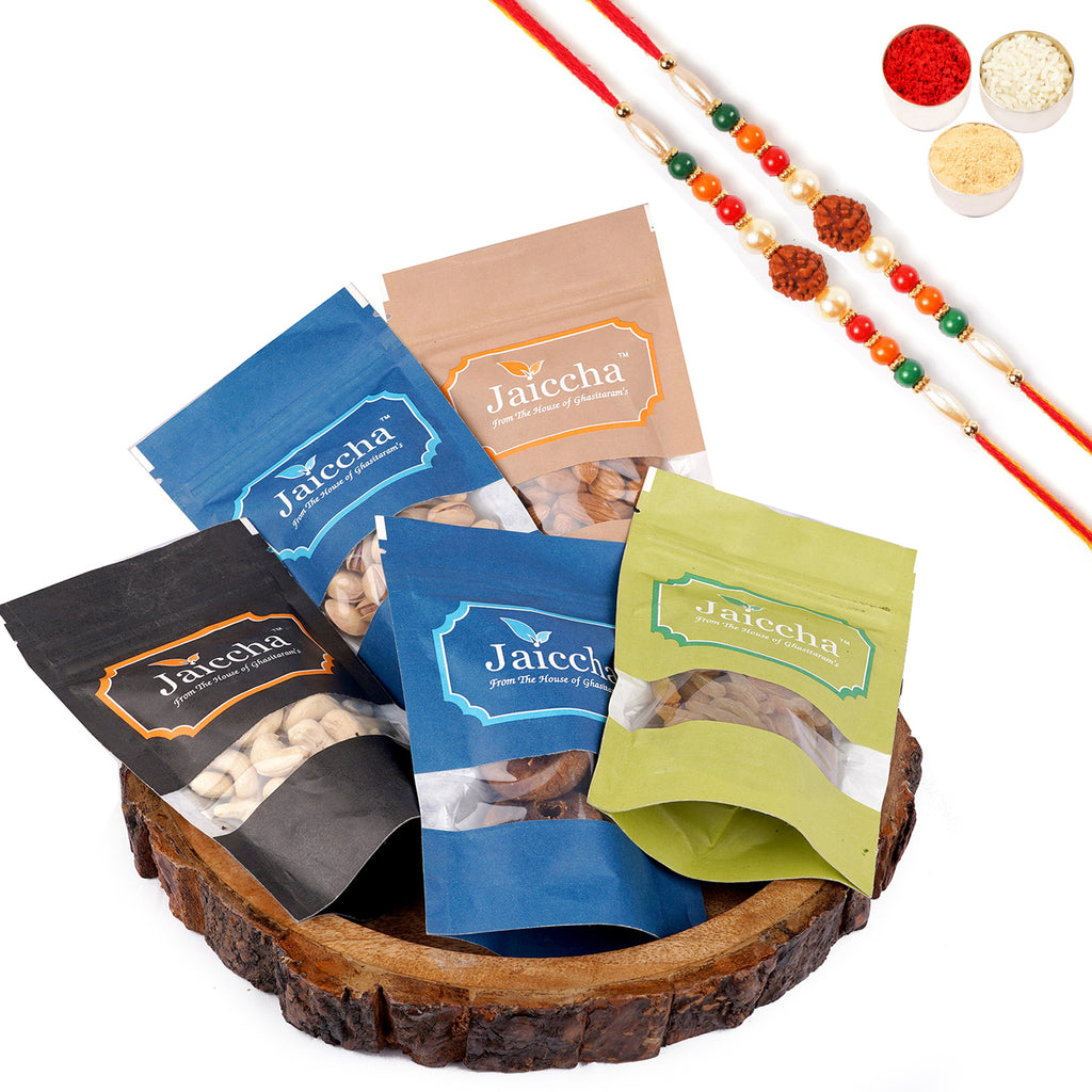 Log Platter of 5 Dryfruits with 2 Rudraksh Rakhis