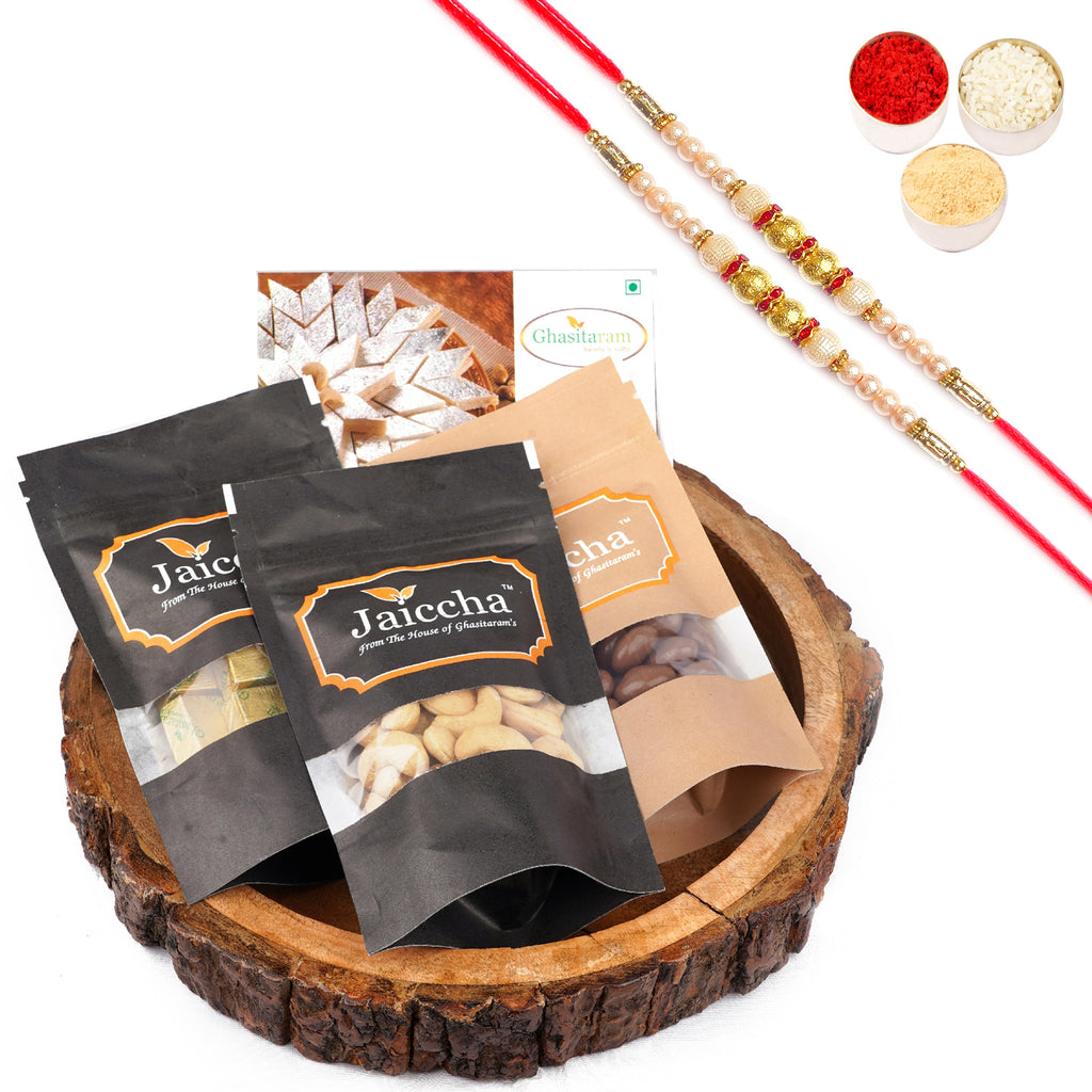 Rakhi Gifts-Log Platter of 13 Goodies with 2 Pearl Rakhis