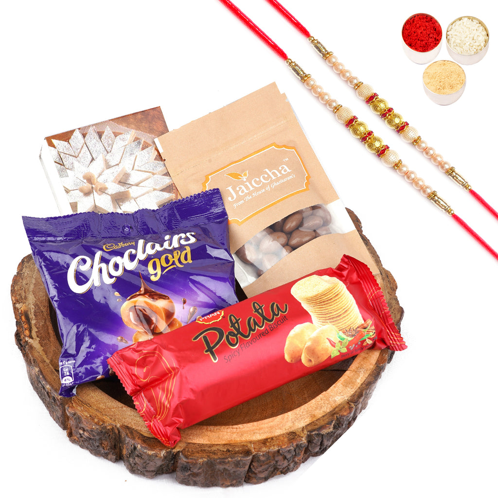 Rakhi Gifts-Log Platter of 13 Goodies with 2 Pearl Rakhis