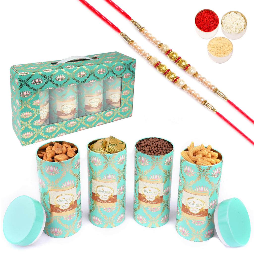 Lotus Box 4 Tin Jars Almonds, Rice Crispies, Butter Chakli and Mewa bites with 2 Pearl Rakhis