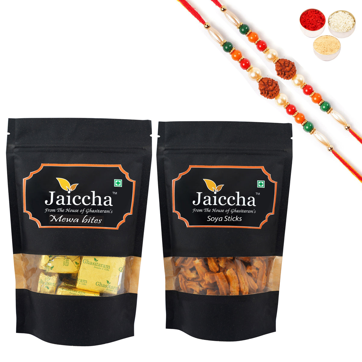 Best of 2 Mewa Bites and Soya Sticks Pouch with 2 Rudraksh Rakhis