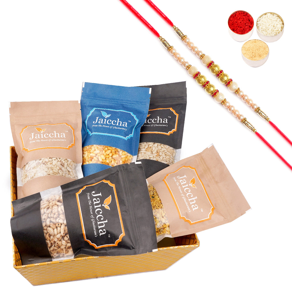 Rakhi Gifts-Perfect Basket of Healthy Namkeens with 2 Pearl Rakhis
