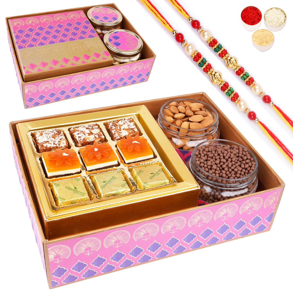Rakhi Gifts-Pink Green Box of Assorted bites, Almonds and Rice Crispies with 2 Pearl Beads Rakhis