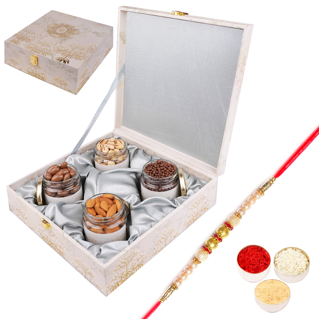 Wooden Popular Box with Almonds, Pistachios, Chocolate Coated Almonds and Rice Crispies with Pearl Rakhi