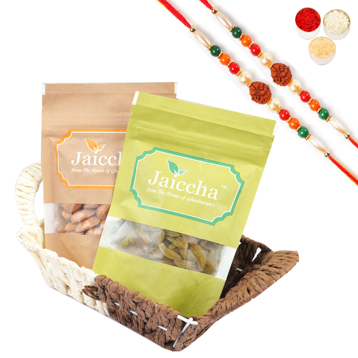 Small Metal Brown of Almonds and Raisins with 2 Rudraksh rakhis