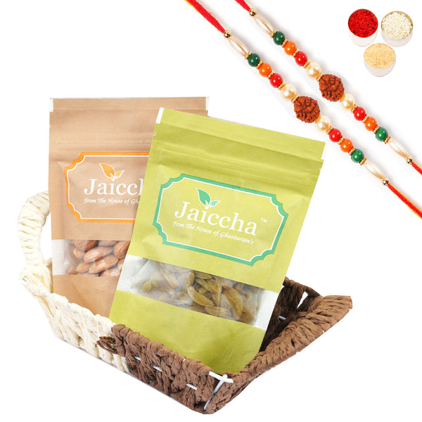 Small Metal Brown of Almonds and Raisins with 2 Rudraksh rakhis