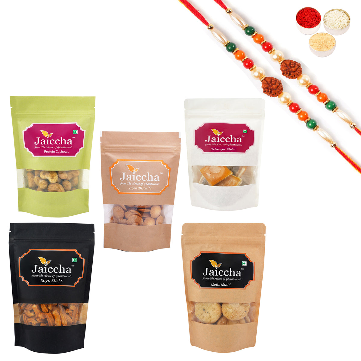 Best of 5 SOYA Sticks Pouch, Coin Biscuits Pouch, Methi Mathi Pouch, Barbeque Cashews Pouch, Mango Bites Pouch with 2 Rudraksh Rakhis