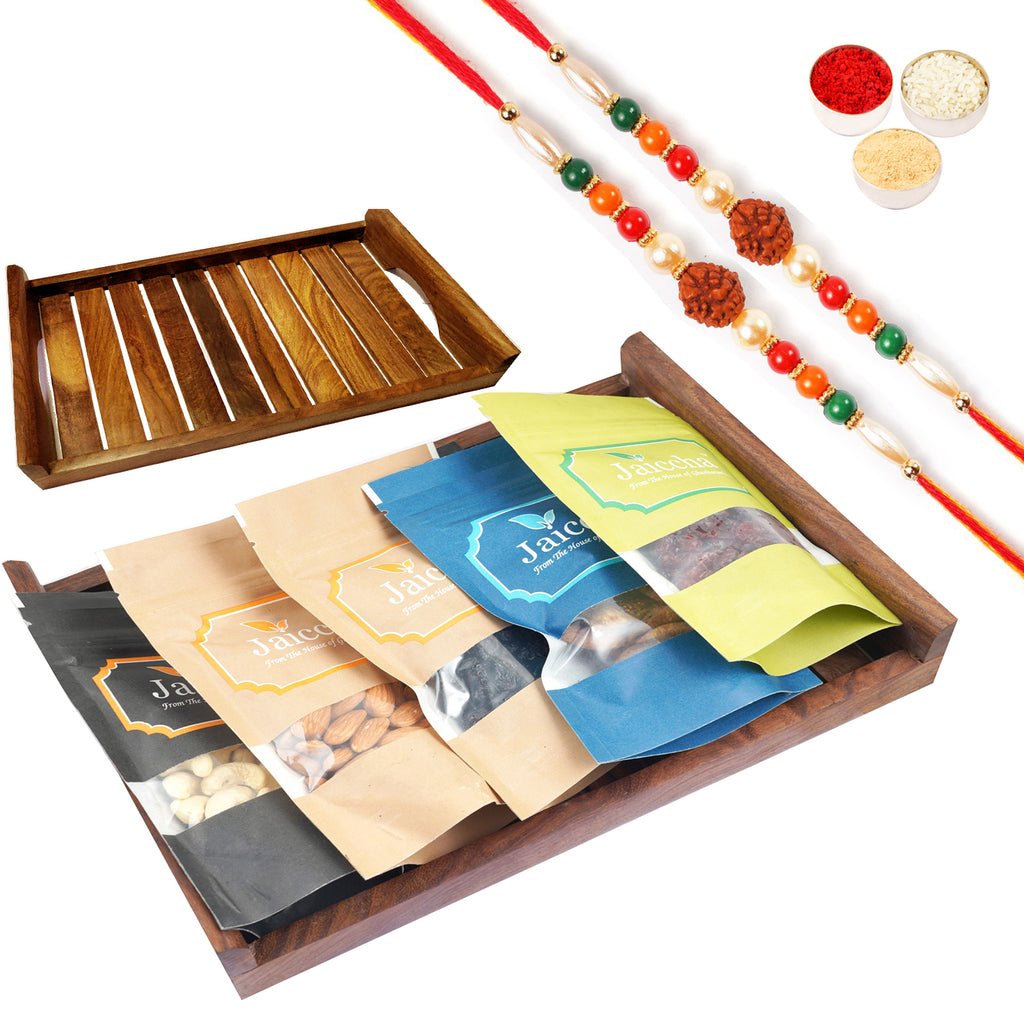 Striped Big Wooden Tray of Almonds, Cashews, Cranberry, Blueberry and Figs with 2 Rudraksh rakhis