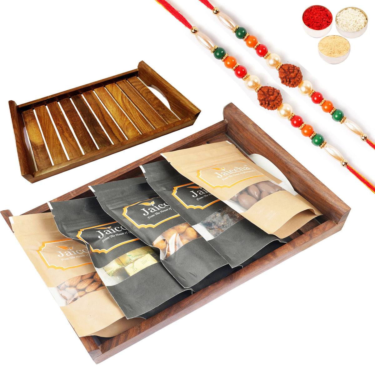 Striped Big Wooden Tray of Almonds, Mewa Bites,Banarsi Paan, Protein Cashews and Choco Almonds with 2 Rudraksh Rakhis