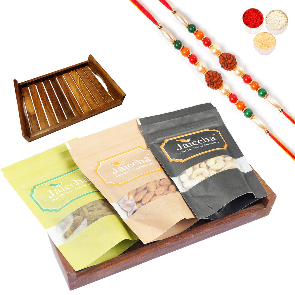 Striped Wooden Tray of Cashews, Almonds and Raisins with 2 Rudraksh rakhis
