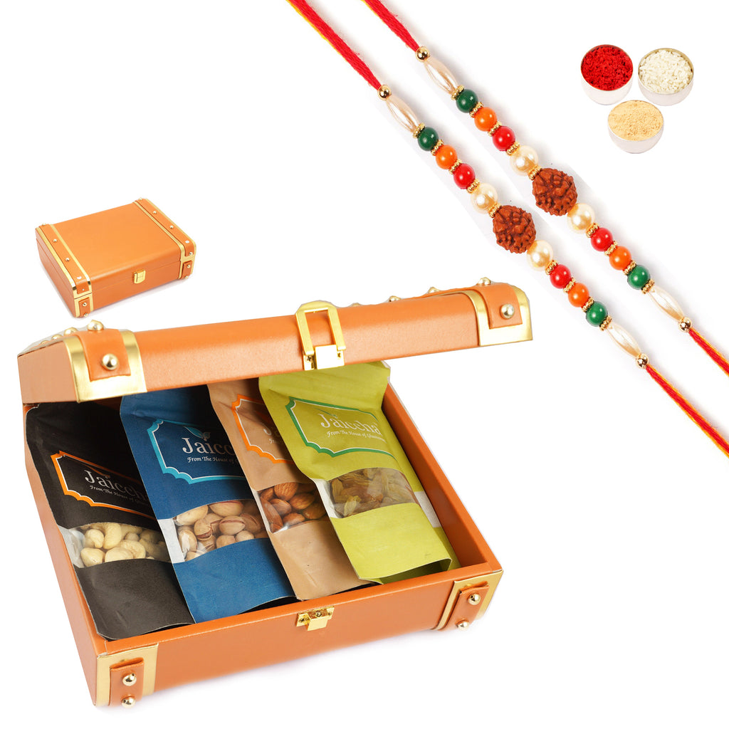 Orange Trunk Box of 4 Dryfruits with 2 Rudraksh rakhis