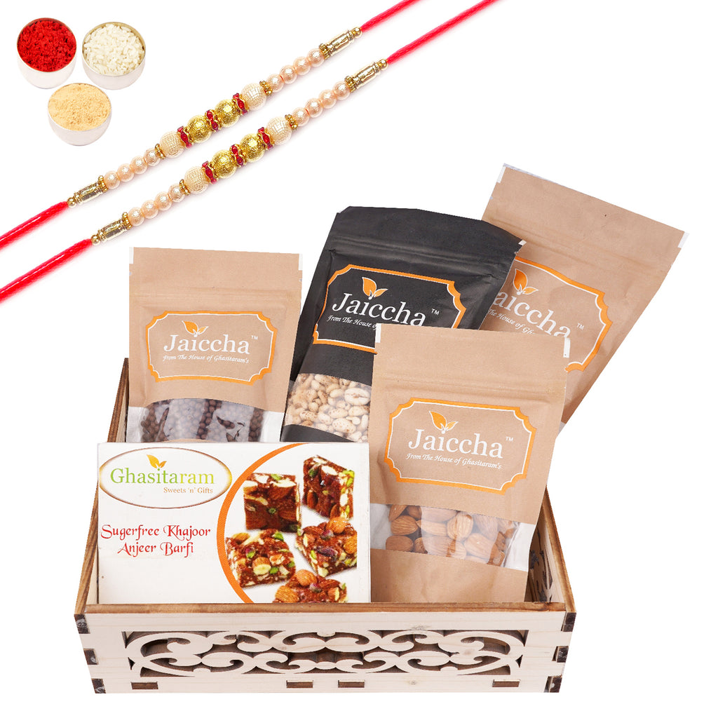 Rakhi Gifts-Wooden Carved Basket  of Sugarfree Mix, Butter Chakli, Wheat Puffs, Rice Crispies and Almonds with 2 Pearl Rakhis