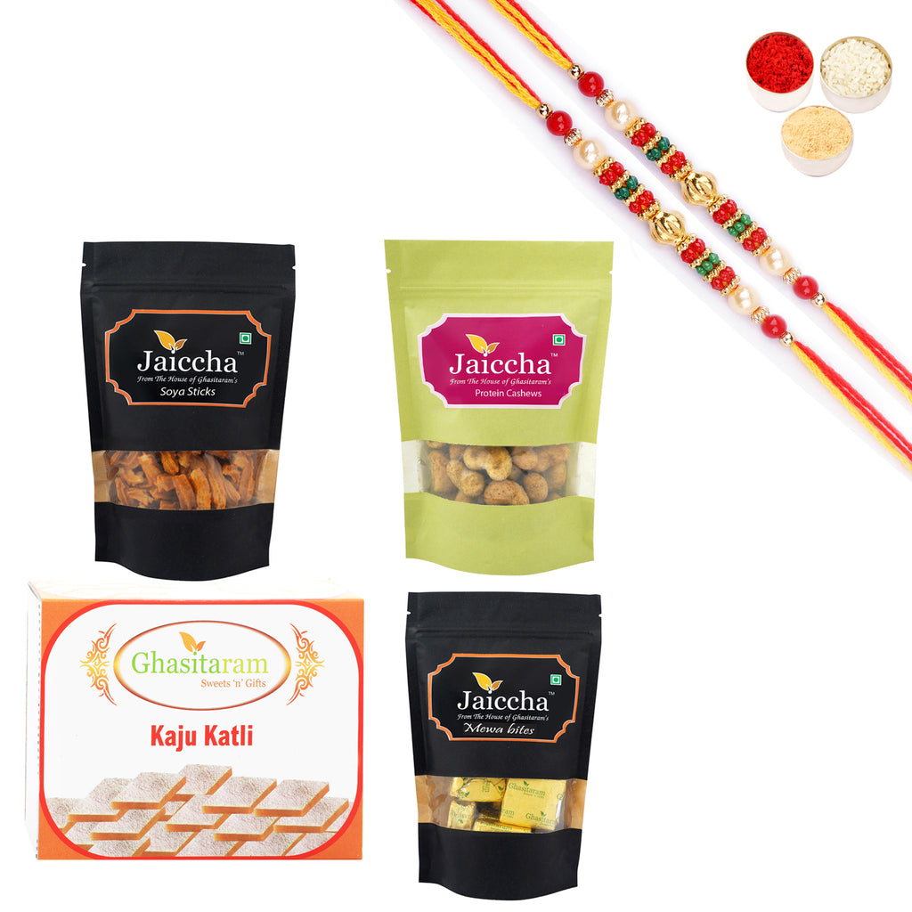 Best of 4 Kaju Katli, Mewa Bites Pouch, Soya Sticks Pouch and Protein Cashews Pouch With Pearl Beads Rakhi