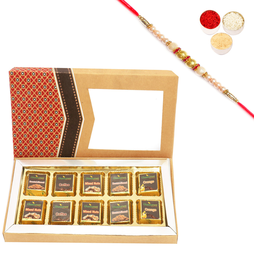 10 pcs Assorted Chocolates Kraft Box with Pearl Rakhi