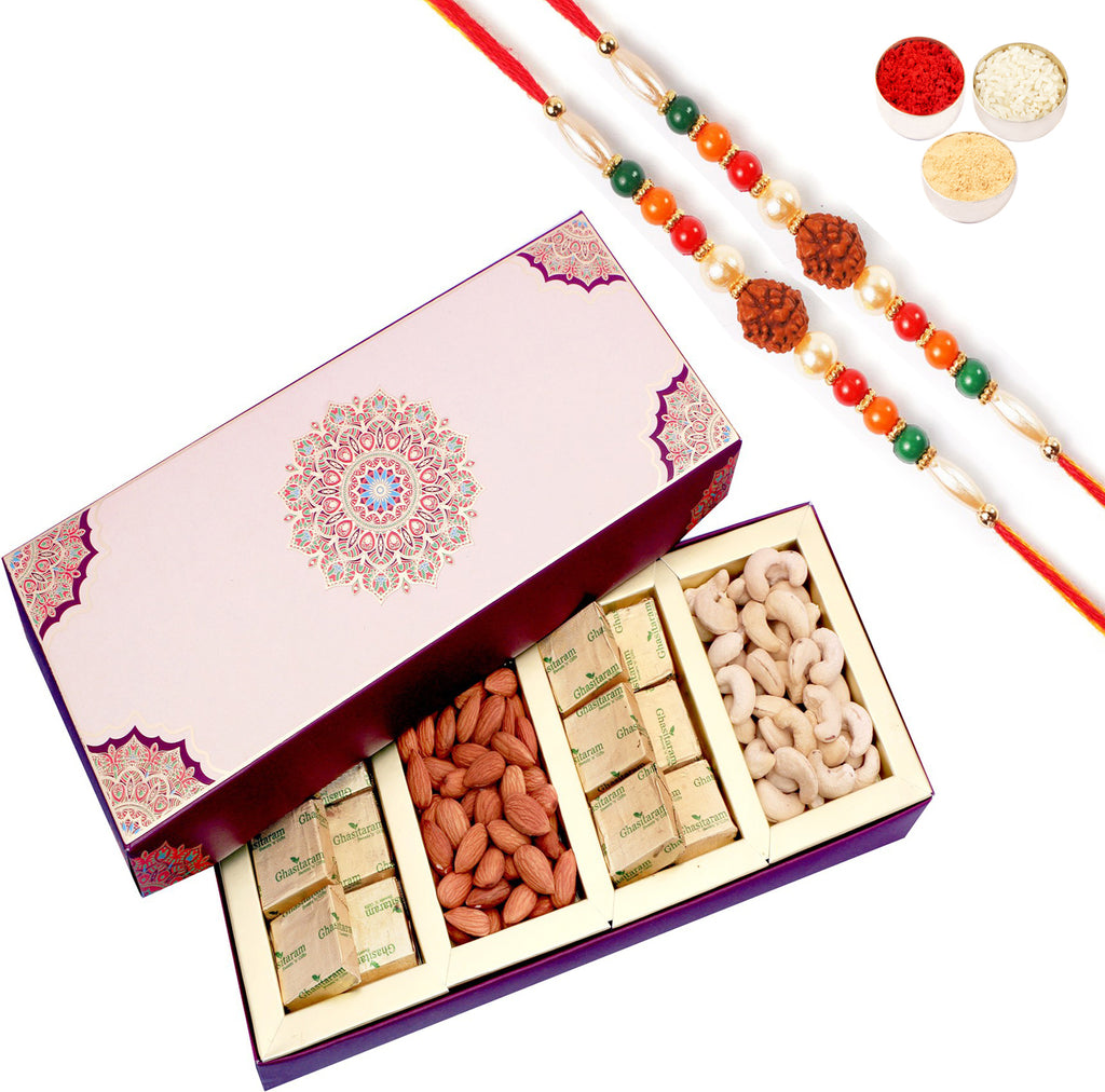 Long Fusion Cashews,Almonds, Chocolates Box Hamper With 2 Rudraksh rakhis