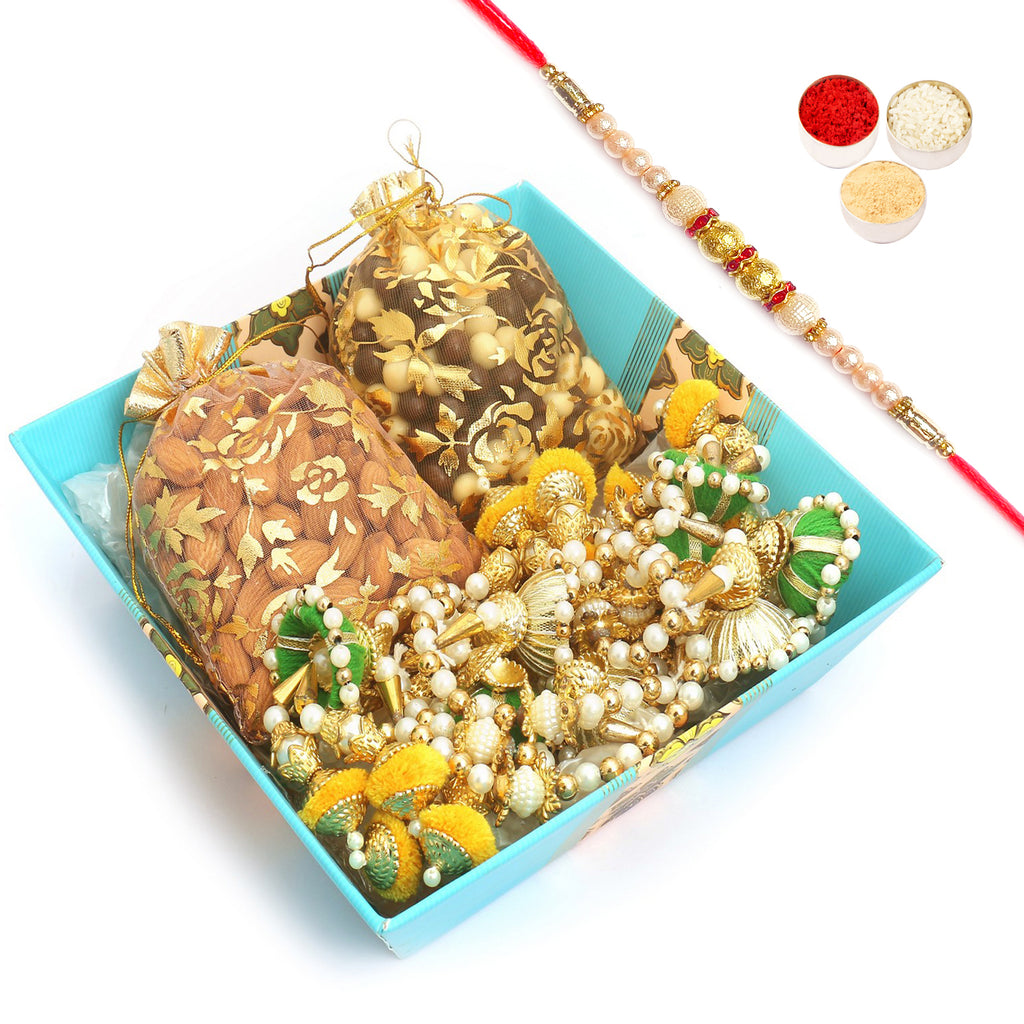 Medium Square Basket with Almonds, Nutties Pouches and Toran with Pearl Rakhi