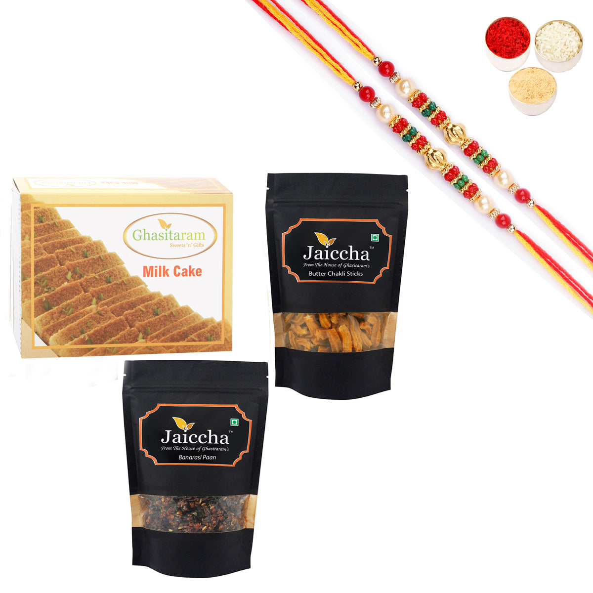 Best of 3 Milk Cake, Butter Chakli Sticks  and Banarsi Paan With Pearl Beads Rakhi