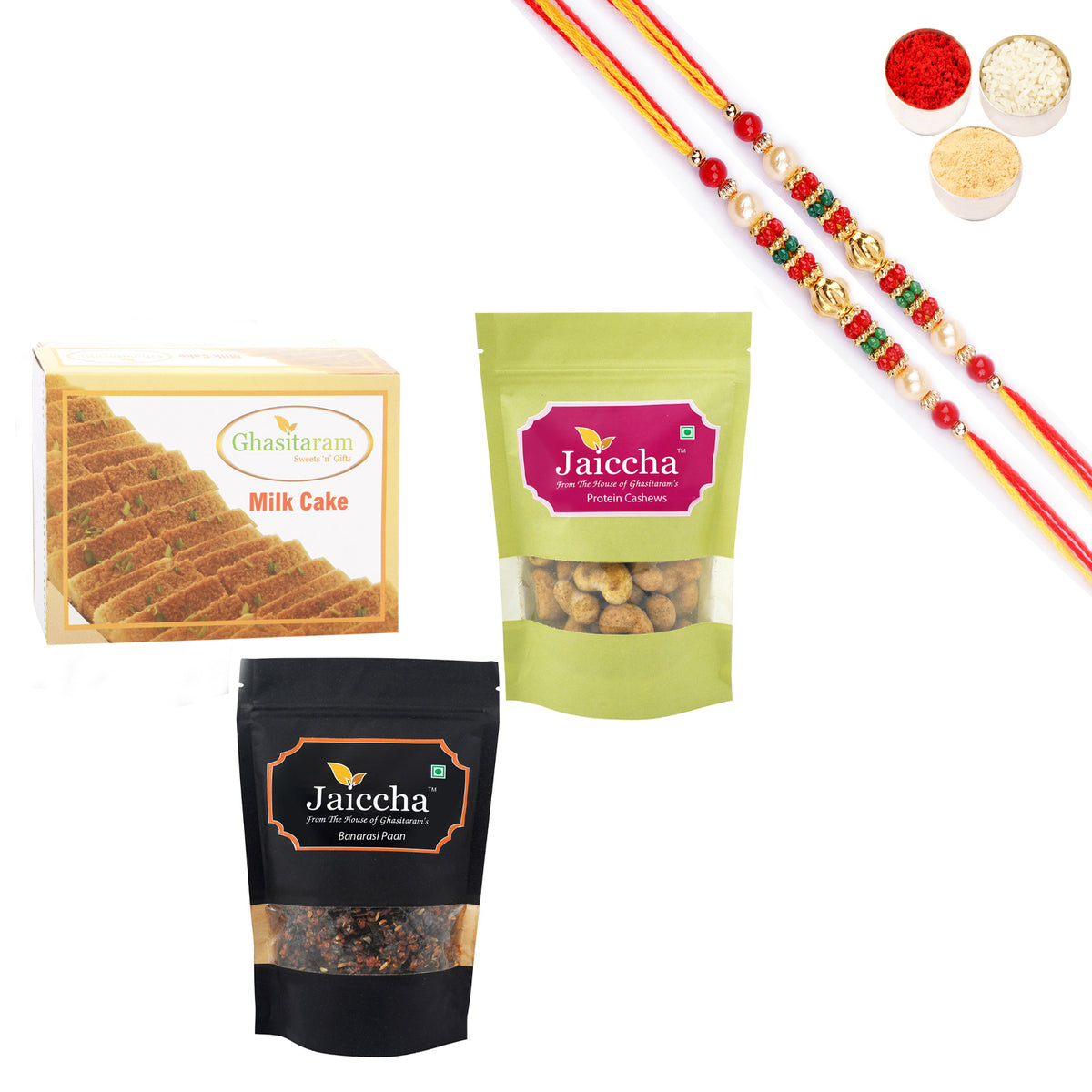Best of 3 Milk Cake, Protein Cashews and Banarsi Paan With Pearl Beads Rakhi