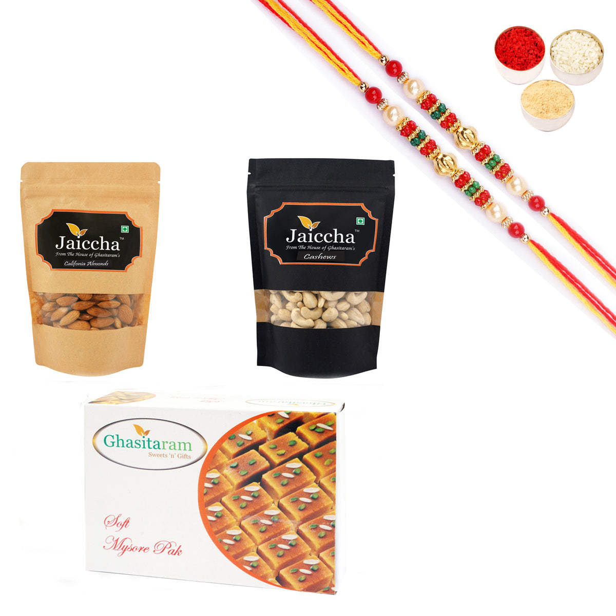 Best of Almonds, Cashews and Mysore Pak With Pearl Beads Rakhi