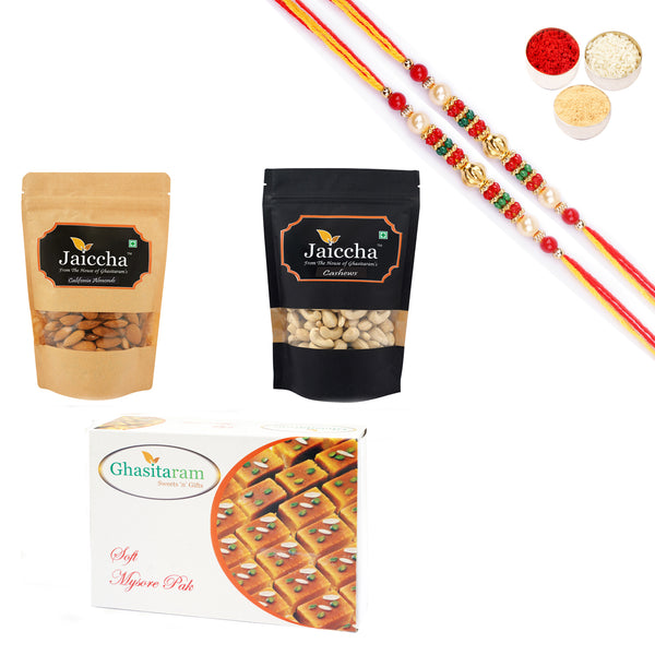 Best of Almonds, Cashews and Mysore Pak With Pearl Beads Rakhi