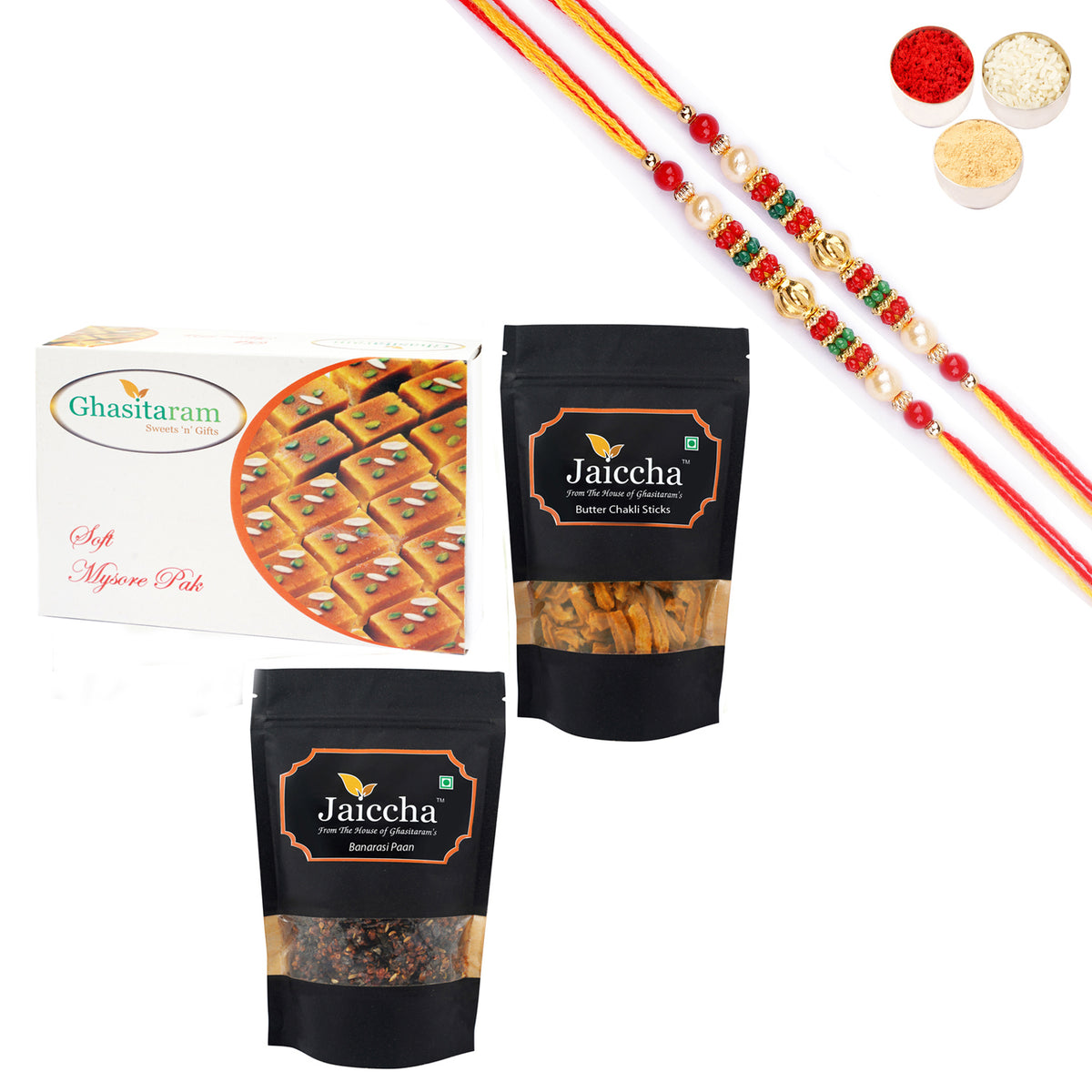 Best of 3 Mysore Pak, Butter Chakli Sticks  and Banarsi Paan With Pearl Beads Rakhi