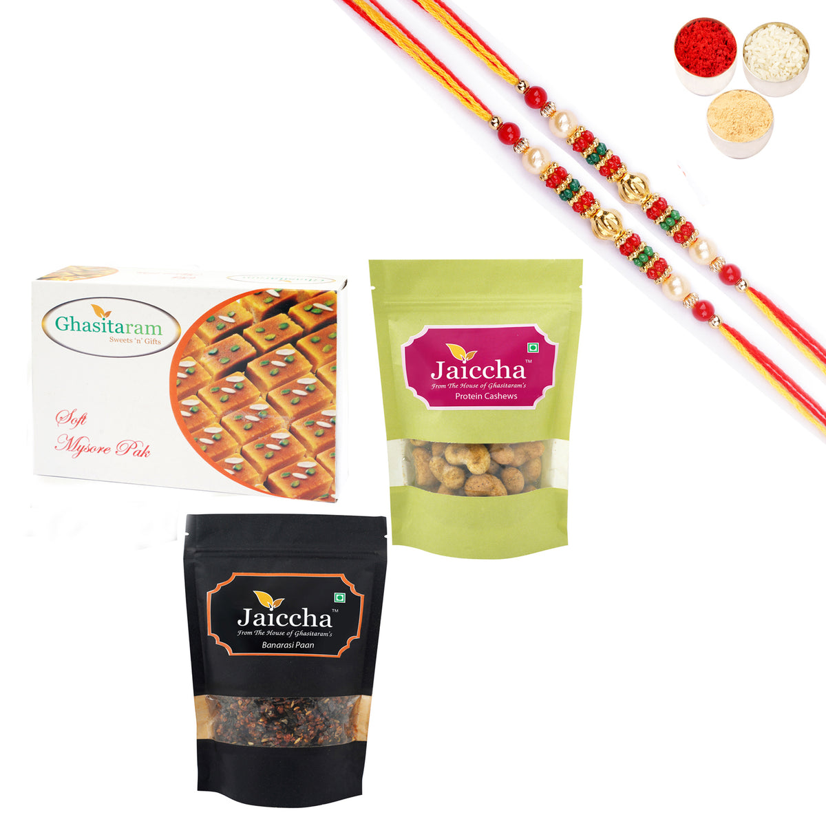 Best of 3 Mysore Pak, Protein Cashews and Banarsi Paan With Pearl Beads Rakhi